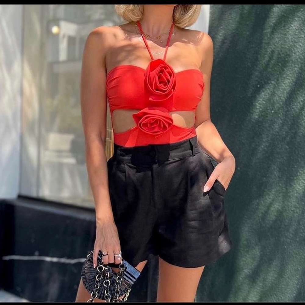 Zara Red Rose Cutout Halter Bodysuit